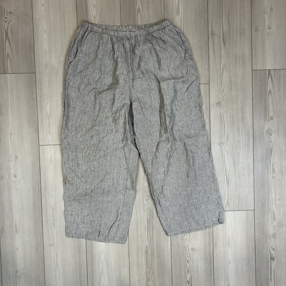 FLAX Large Striped Black White Linen Wide Leg Pull On Ankle Pant Lagenlook - Picture 1 of 10